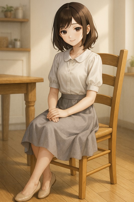 木製ダイニングチェアに座る美少女|AIプロンプト紹介