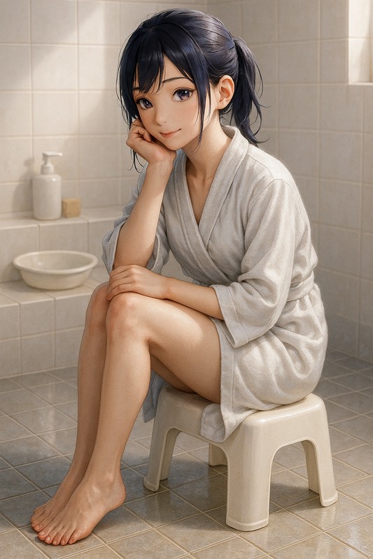 お風呂の椅子に座る美少女|AIプロンプト紹介