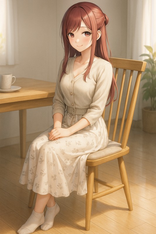 ダイニングチェアに座る美少女|AIプロンプト紹介