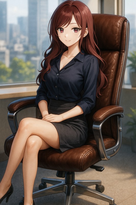 エグゼクティブチェアに座る美少女|AIプロンプト紹介