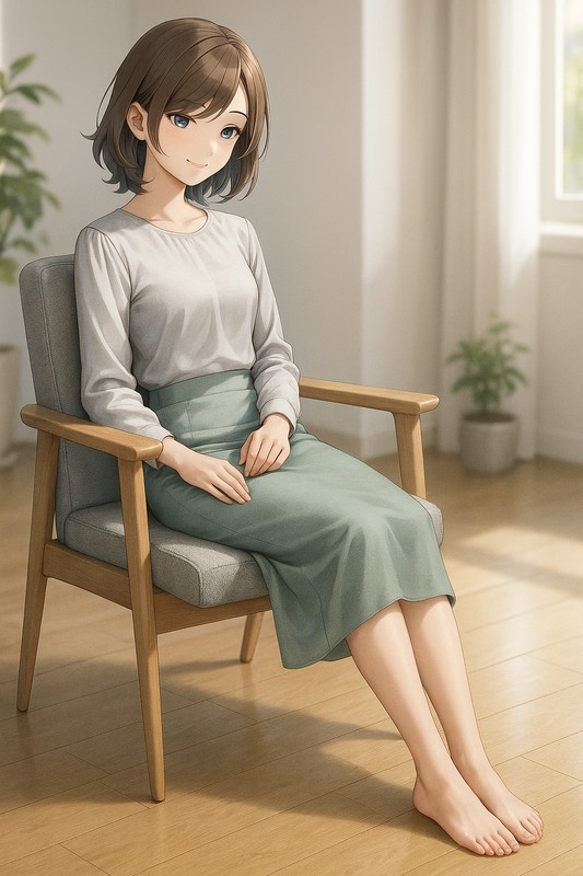 足を伸ばして椅子に座る美少女|AIイラストプロンプト紹介