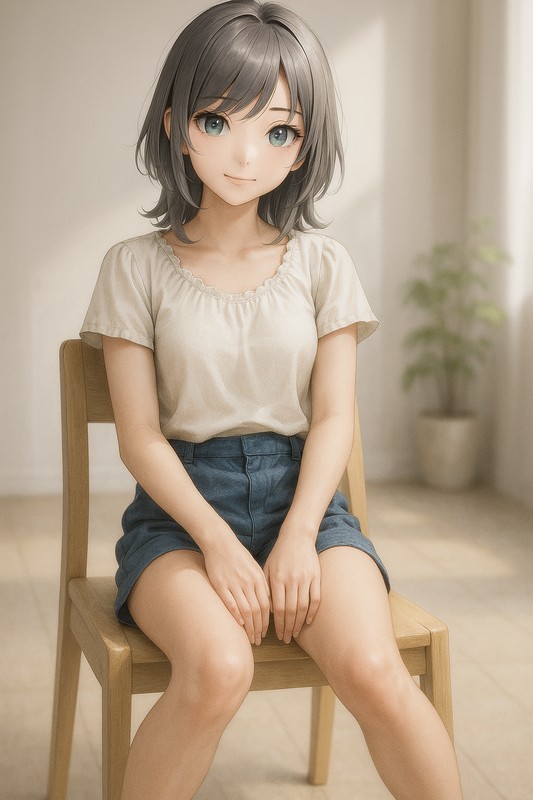 足を軽く開いて椅子に座る美少女|AIイラストプロンプト紹介