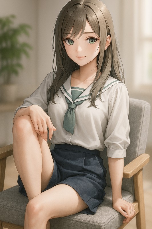 片膝を立てて椅子に座る美少女|AIイラストプロンプト紹介
