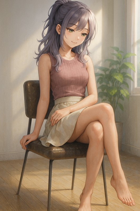 ふとももクロス(脚を組む)で椅子に座る美少女|AIイラストプロンプト紹介