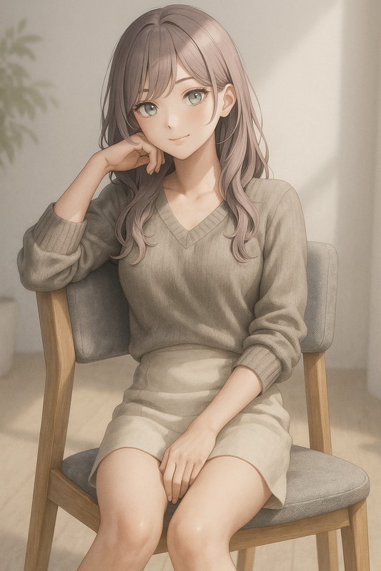 片肘を背もたれに置いて椅子に座る美少女|AIイラストプロンプト紹介
