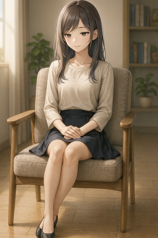 足を組んで椅子に座る美少女|AIイラストプロンプト紹介