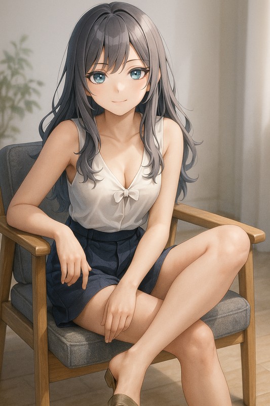 足を組んで片足を上げて椅子に座る美少女|AIイラストプロンプト紹介