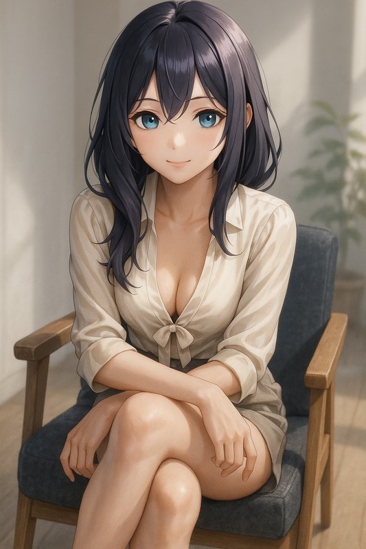 腕を組んで前屈みに椅子に座る美少女|AIイラストプロンプト紹介