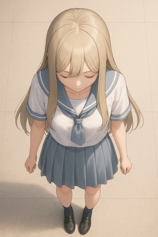 美少女の頭頂部のAIイラスト、全身描写の例