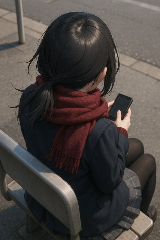 美少女の後頭部・つむじのAIイラスト|スマホを操作している