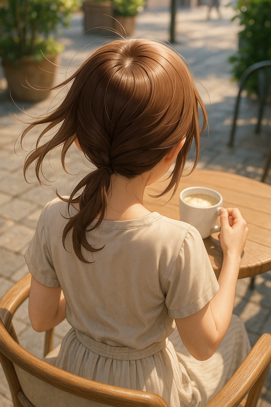頭頂部のAIイラスト作例、カフェでリラックスする美少女