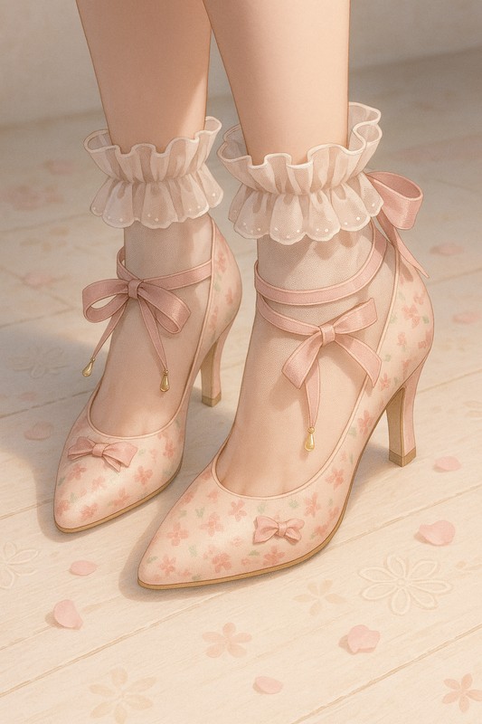 パンプス(リボン、花柄プリント)|AI画像