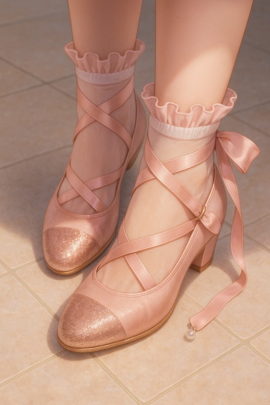 バレエシューズ(サテンリボンの足首巻き)|AI画像