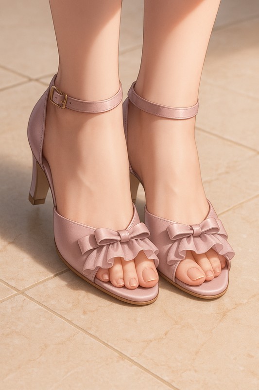 オープントゥパンプス(サテン素材、つま先のフリル)|AI画像