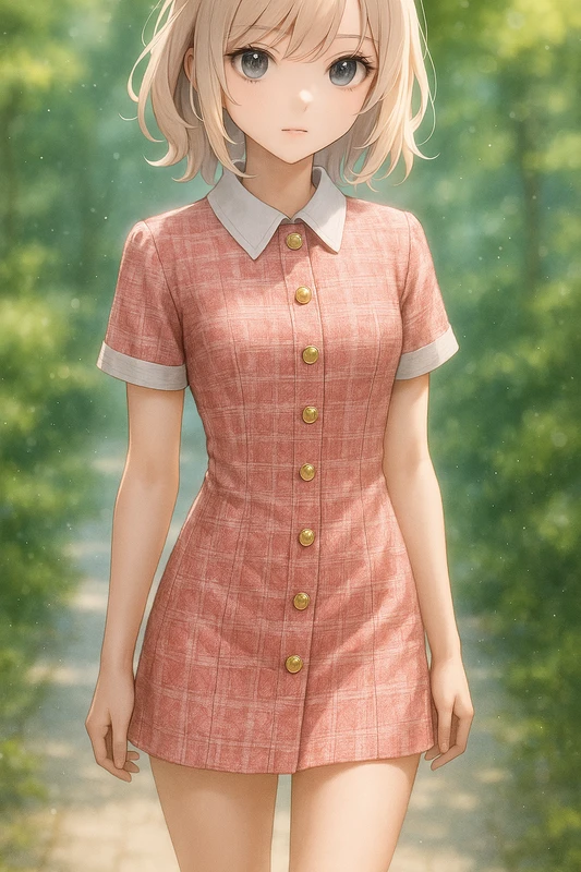 ピンクツイード×白襟×金ボタンのガーリーチャイナ服|AIイラストプロンプト紹介