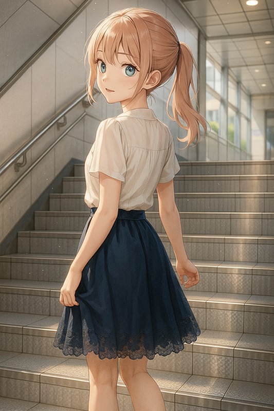金属パネル系の駅の階段のAIイラスト|プロンプト紹介