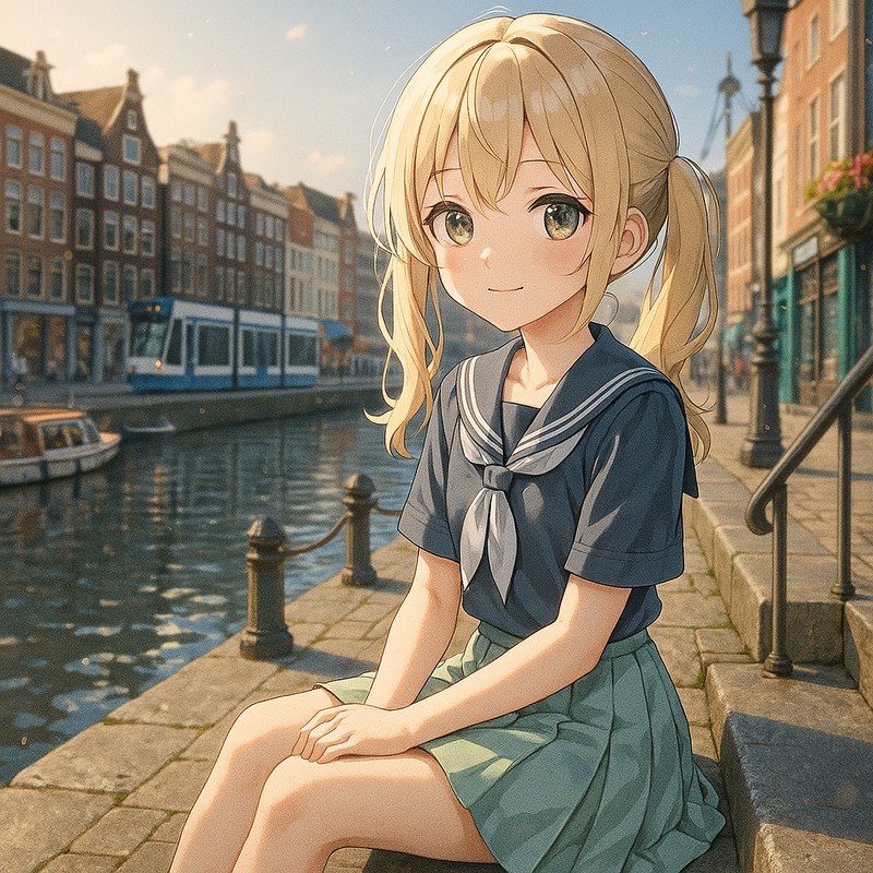 ChatGPT生成によるヨーロッパの通り・街並み|石段に座る美少女