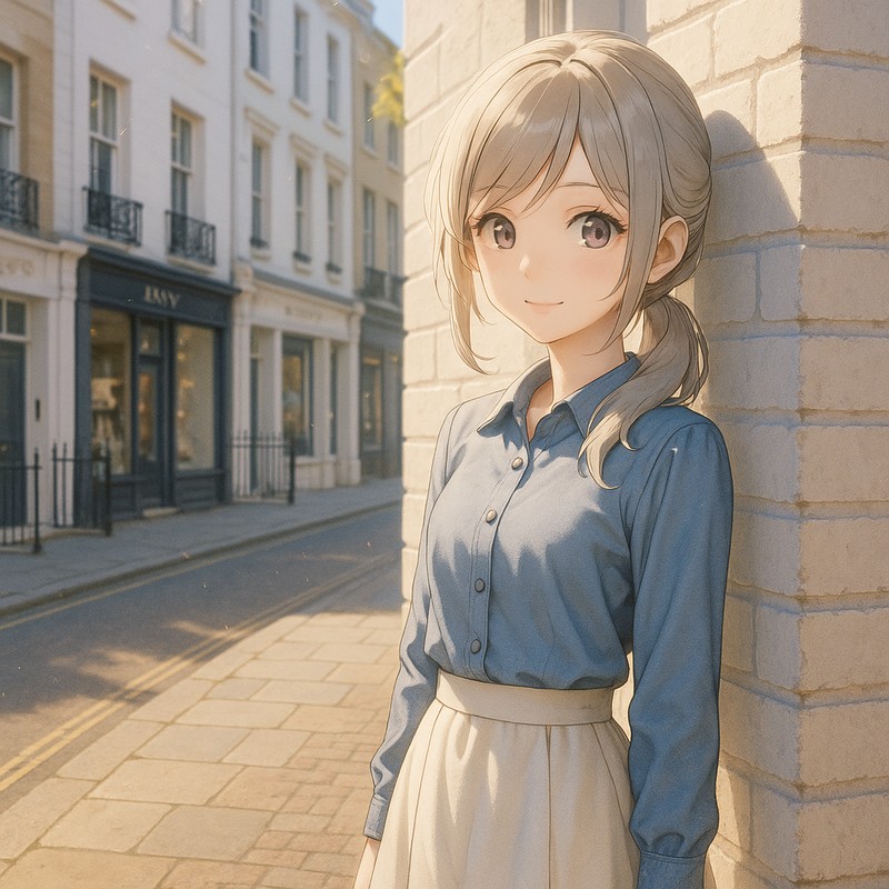 ChatGPT生成によるヨーロッパの通り・街並み|壁を背に立つ美少女