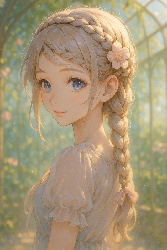 クラウン三つ編み × 花のバレッタのAIイラスト|プロンプト紹介