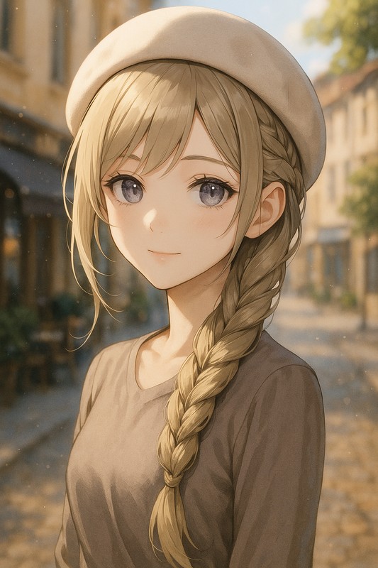 ロング三つ編み+帽子の組み合わせのAIイラスト|プロンプト紹介