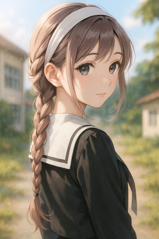 後ろ一本編み × 白い布製ヘアバンドのAIイラスト|プロンプト紹介