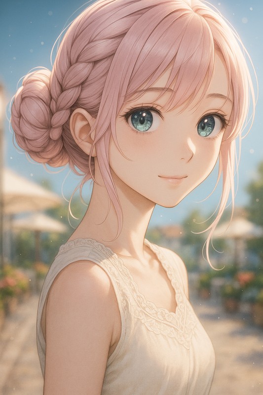 編み込みお団子の髪型のAIイラスト|プロンプト紹介