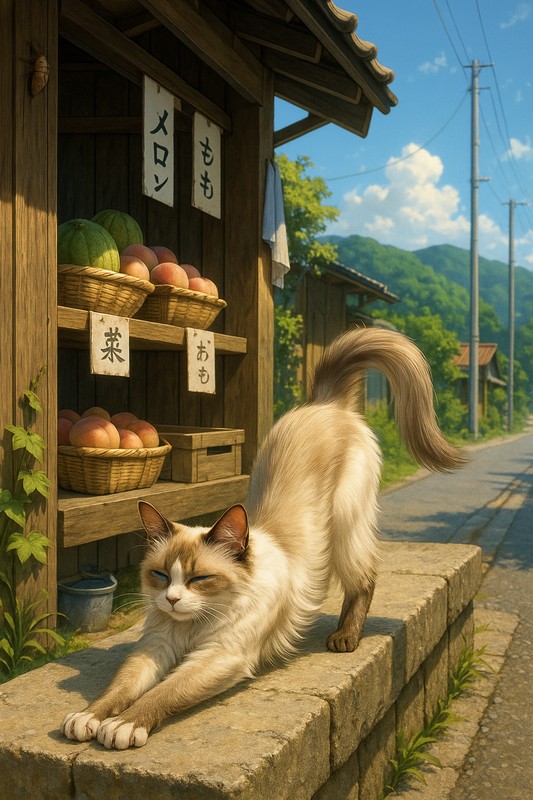 伸びをする猫のAIイラスト|プロンプト紹介用