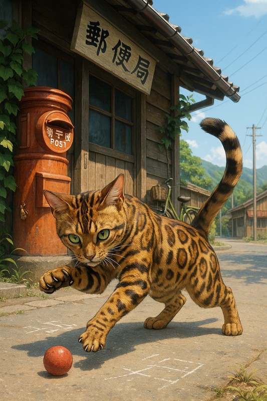 ボールで遊ぶ猫のAIイラスト|プロンプト紹介用