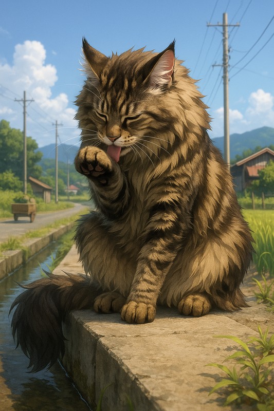 毛づくろいをする猫のAIイラスト|プロンプト紹介用