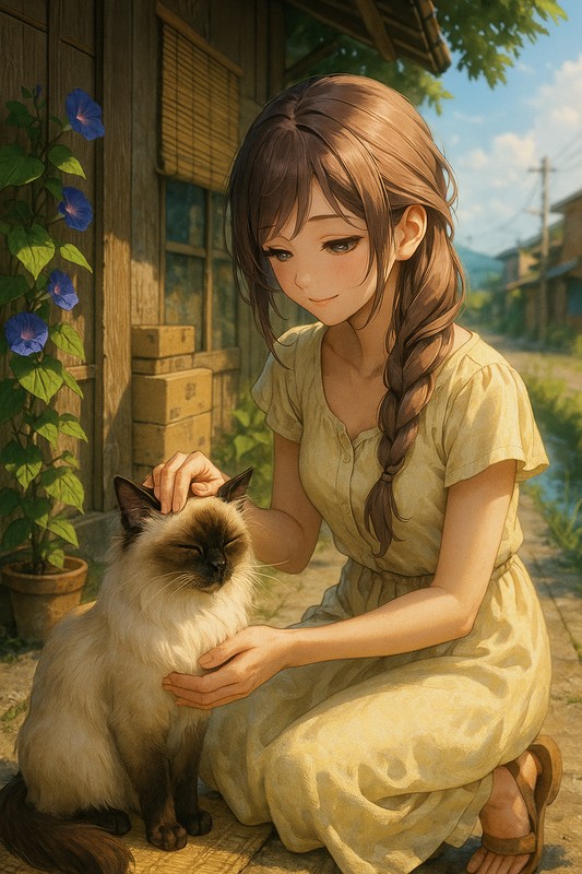 美少女が猫の頭を撫でているAIイラスト|プロンプト紹介用