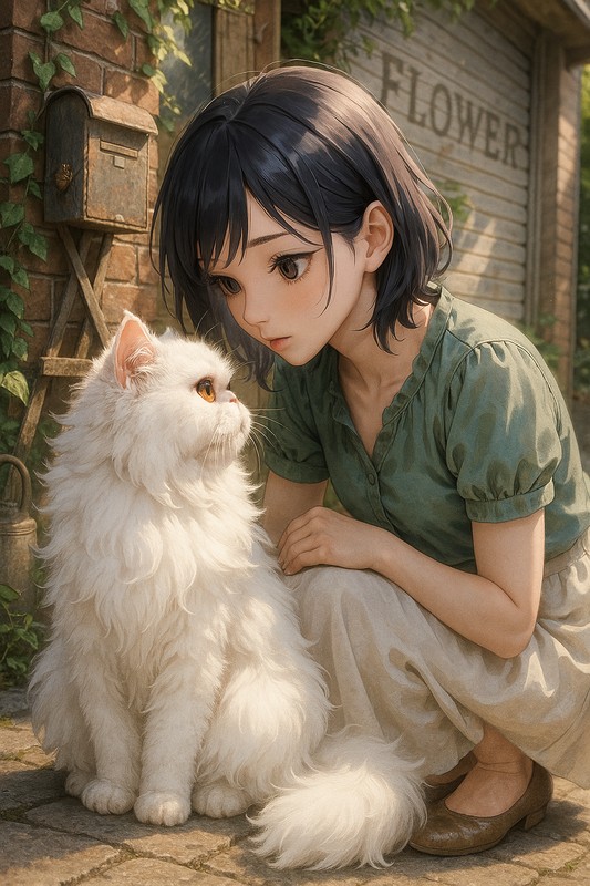 美少女が猫と見つめ合っているAIイラスト|プロンプト紹介用