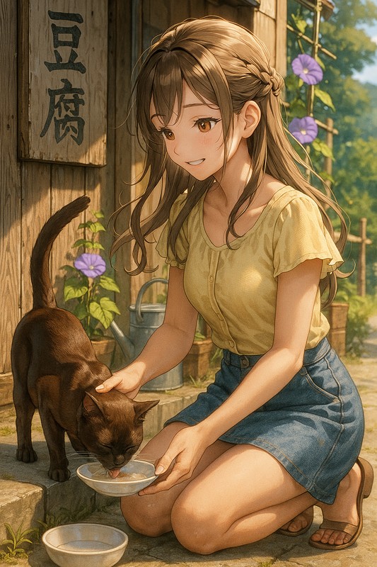 美少女が猫に餌をあげているAIイラスト|プロンプト紹介用