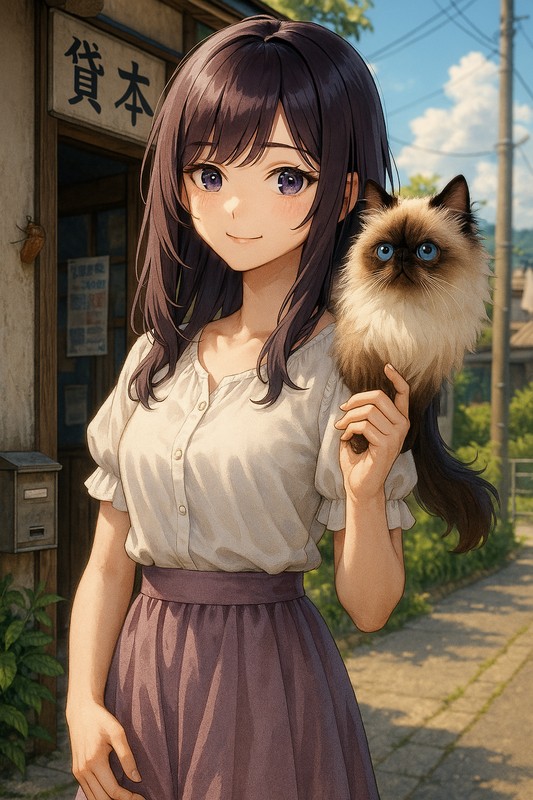 猫が美少女の肩に乗っているAIイラスト|プロンプト紹介用