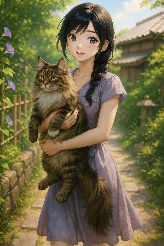 美少女が猫を抱えて歩いているAIイラスト|プロンプト紹介用