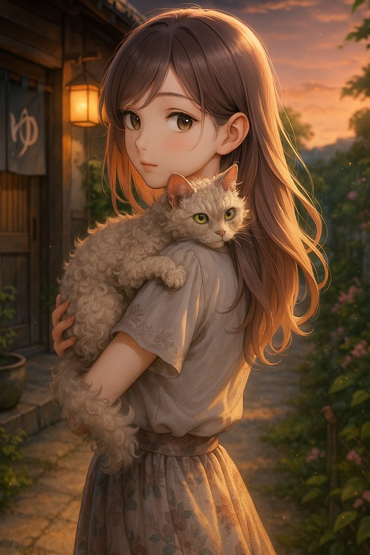 猫が美少女の肩口で丸くなっているAIイラスト|プロンプト紹介用