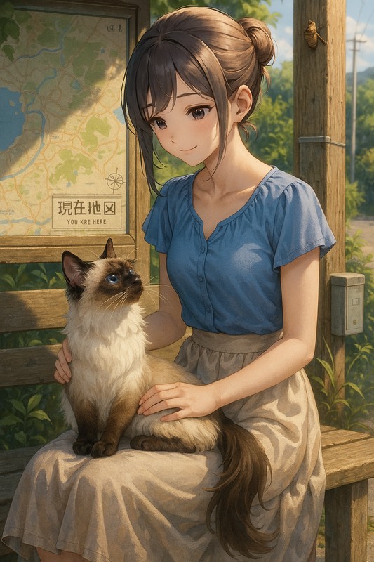 美少女が猫を膝に抱くAIイラスト|プロンプト紹介用