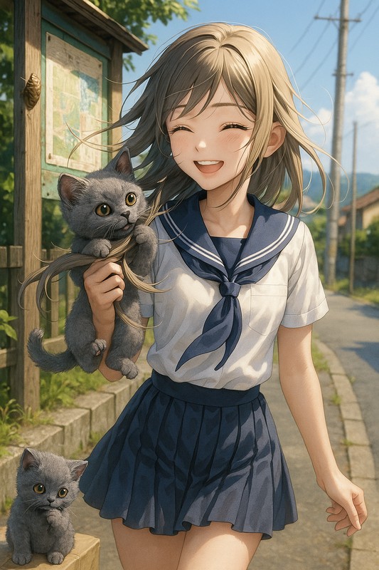 猫が美少女の髪にじゃれているAIイラスト|プロンプト紹介用