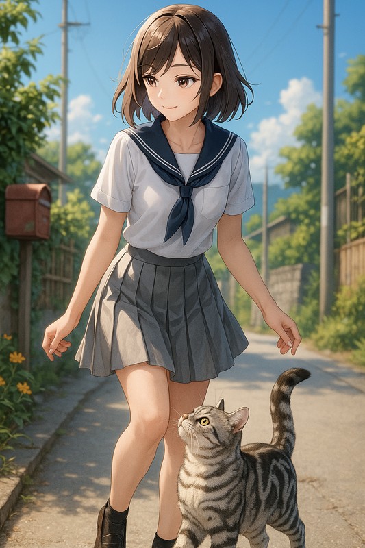 猫が美少女の足元でじゃれているAIイラスト|プロンプト紹介用