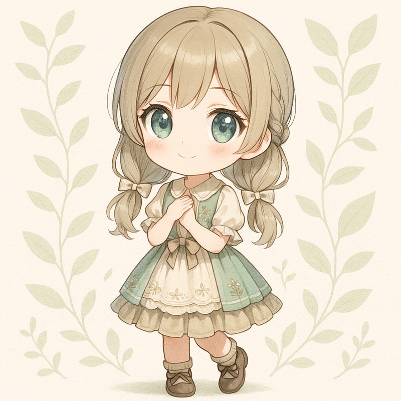 リーフ(葉模様)背景のちびキャラ|AIイラストプロンプト紹介