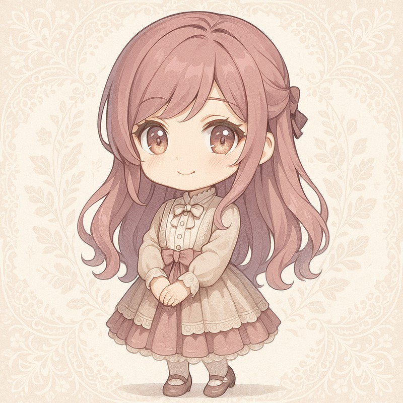 レース模様の背景のちびキャラ|AIイラストプロンプト紹介