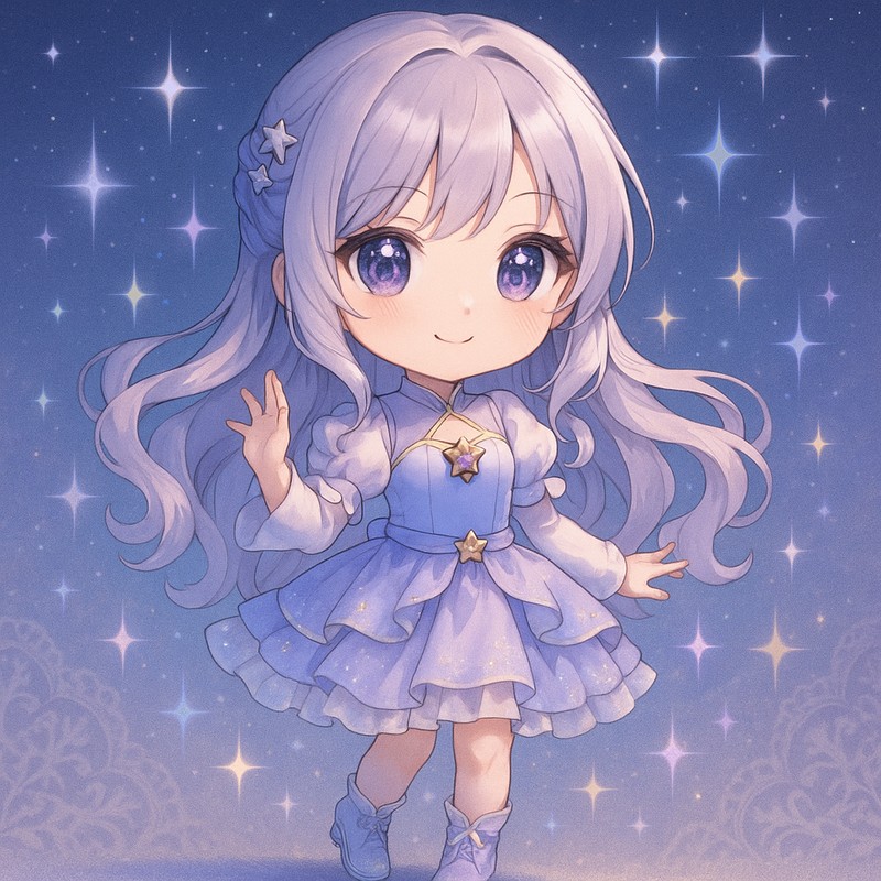 キラキラ模様の背景のちびキャラ|AIイラストプロンプト紹介