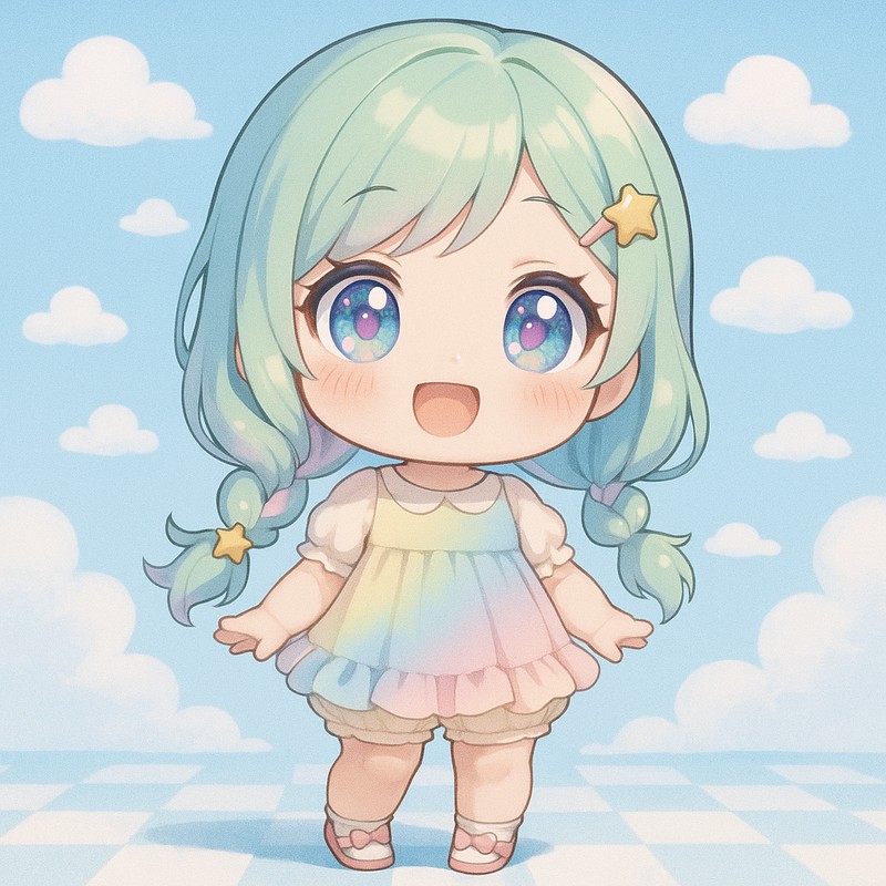 雲模様の背景のちびキャラ|AIイラストプロンプト紹介