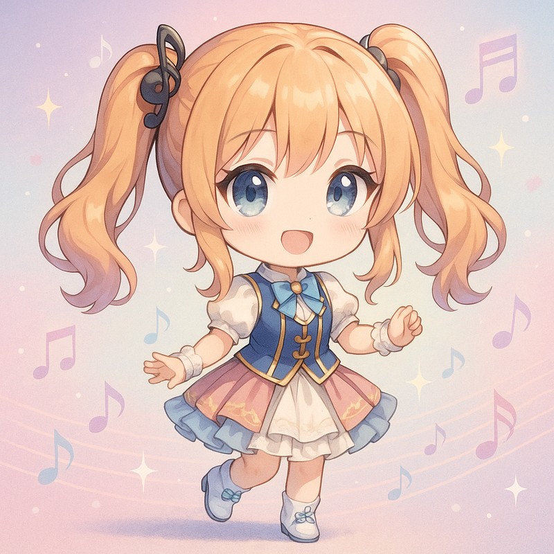 音符マークの背景のちびキャラ|AIイラストプロンプト紹介
