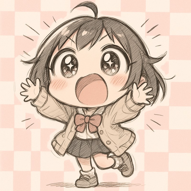 チェック柄背景のちびキャラ|AIイラストプロンプト紹介