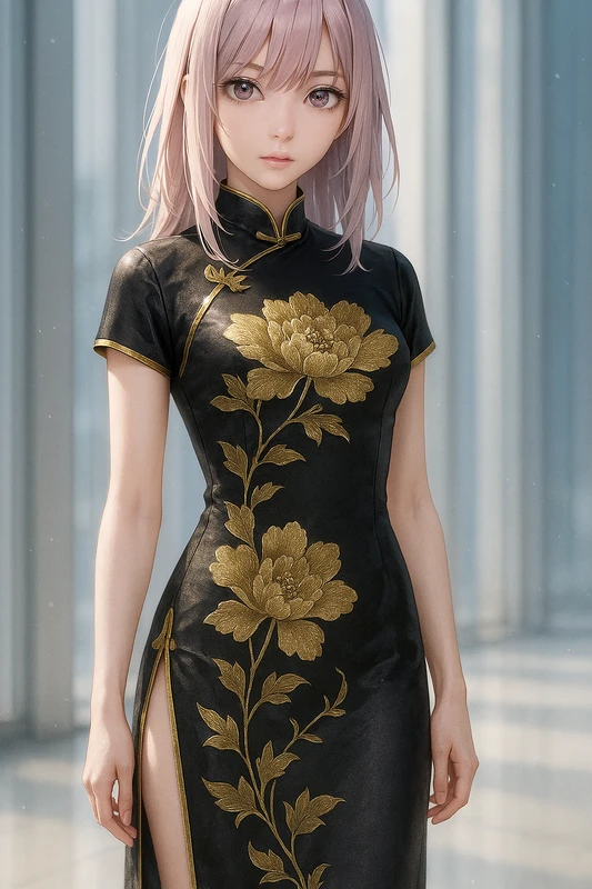 黒地×金縁×牡丹刺繍のクラシックチャイナドレス|AIイラストプロンプト紹介