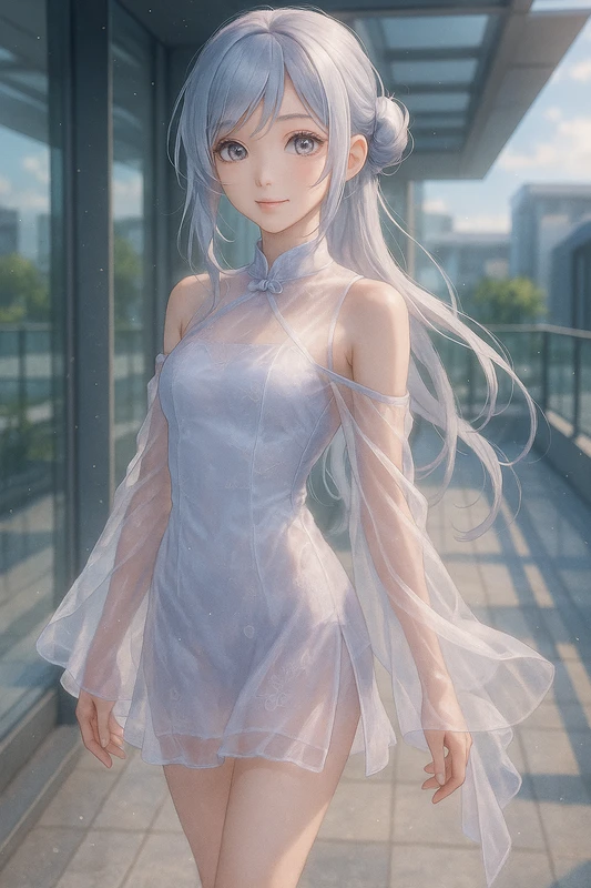 シフォン素材×透け感オフショルチャイナドレス|AIイラストプロンプト紹介