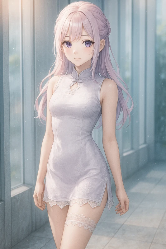 太ももレース装飾のノースリーブチャイナ服|AIイラストプロンプト紹介