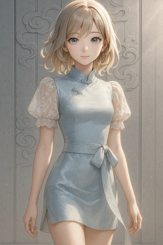 レース袖×刺繍帯のパフスリーブチャイナ服|AIイラストプロンプト紹介