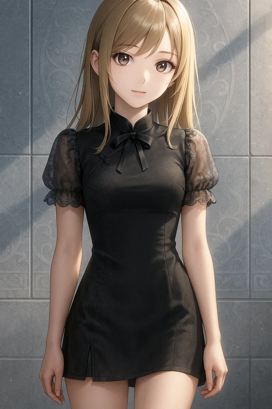 襟リボン付き×膝上丈のパフスリーブチャイナ服|AIイラストプロンプト紹介