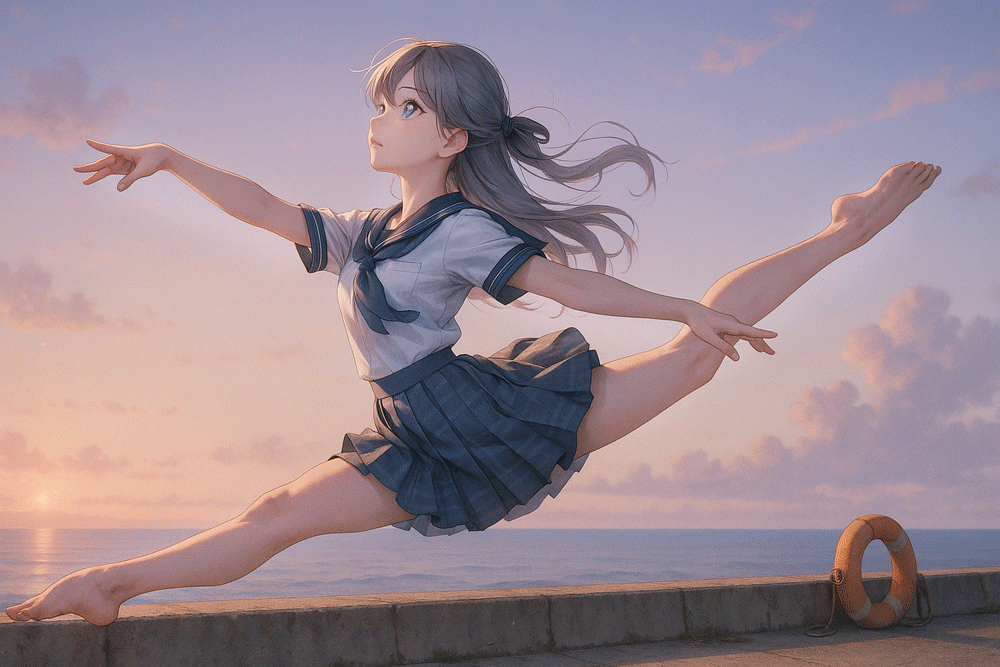 グラン・ジュテのポーズをする制服美少女のAIイラスト作例｜クラシックバレエの再現